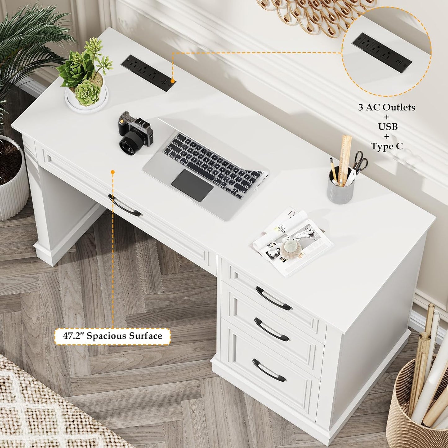 Farmhouse 47" Executive Desk, Computer Desk with Drawers and File Drawer, Workstation Computer Desk with Charging Station for Home Office,Study,（Cream White）