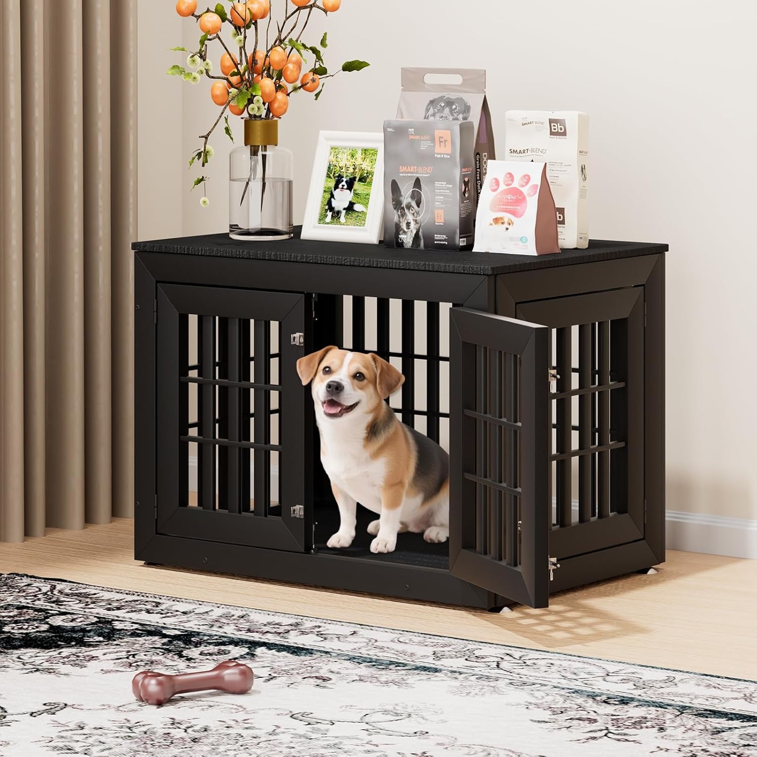 38" Heavy Duty Dog Crate Furniture for Small,Medium and Large Dogs,Rustic Wooden Dog Cage Kennel Indoor Furniture with Waterproof Top,Decorative Pet House Side End Table (Black)