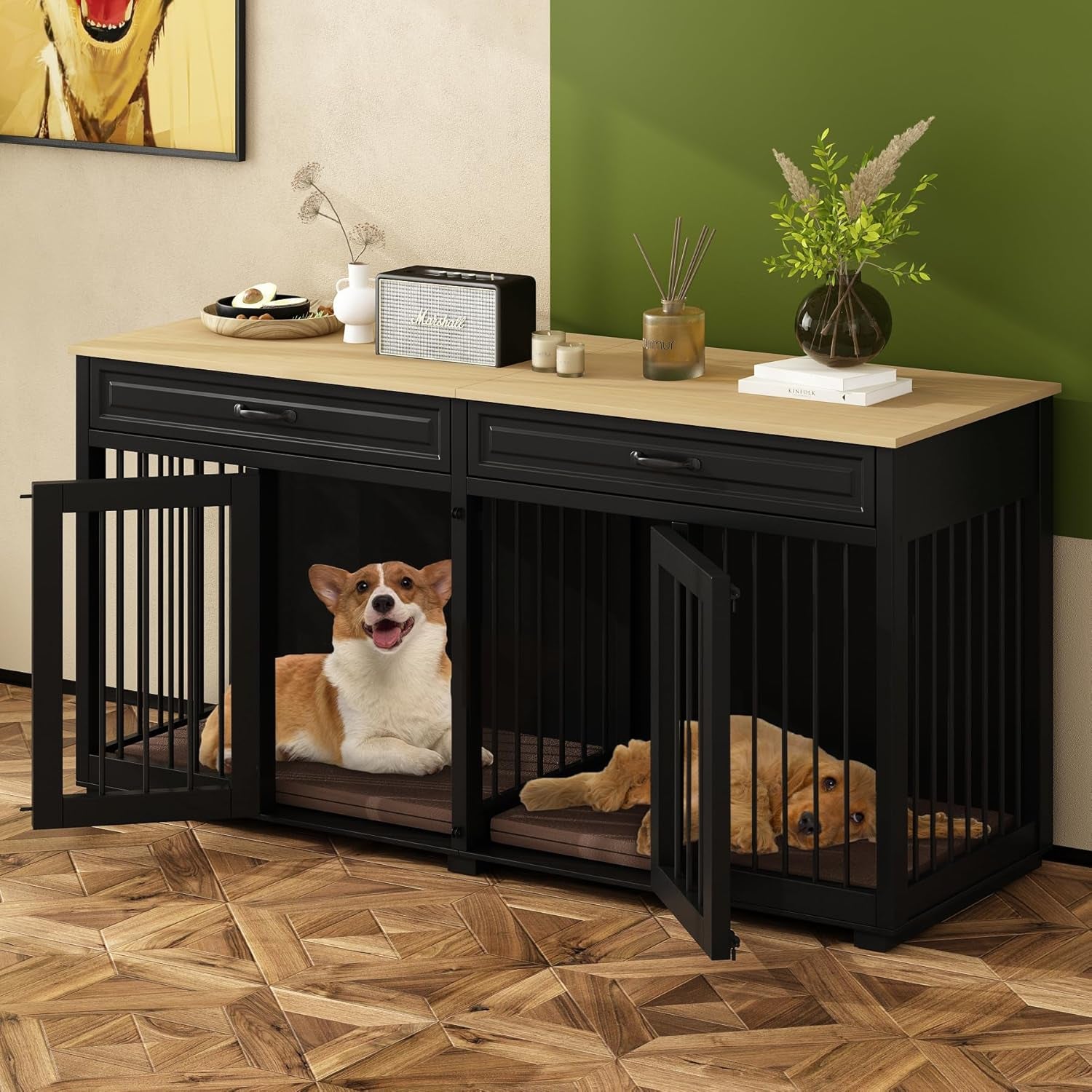 64.6" Large Double Dog Crate Furniture, Wooden Dog Crate Kennel Furniture with Divider and 2 Drawers, Dog Crates Furniture for 2 Small Dogs or Medium Dog, Black