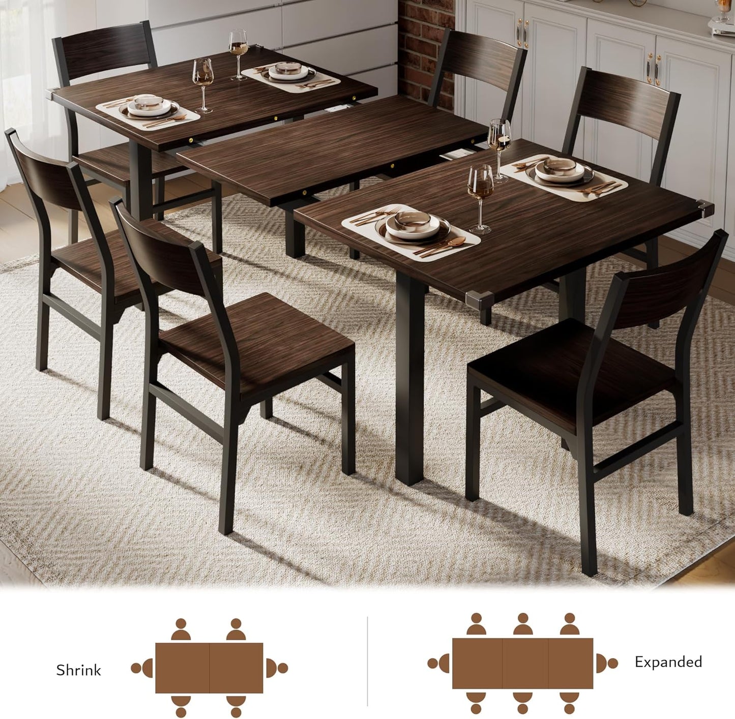 7 Pieces Dining Table & Chairs Set for 4-6, 63" Extendable Kitchen Table and 6 Chairs, Dining Room Table with MDF Board & Metal Frame, Perfect for Small Space, Easy Clean, Espresso
