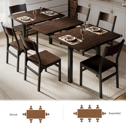 7 Pieces Dining Table & Chairs Set for 4-6, 63" Extendable Kitchen Table and 6 Chairs, Dining Room Table with MDF Board & Metal Frame, Perfect for Small Space, Easy Clean, Espresso