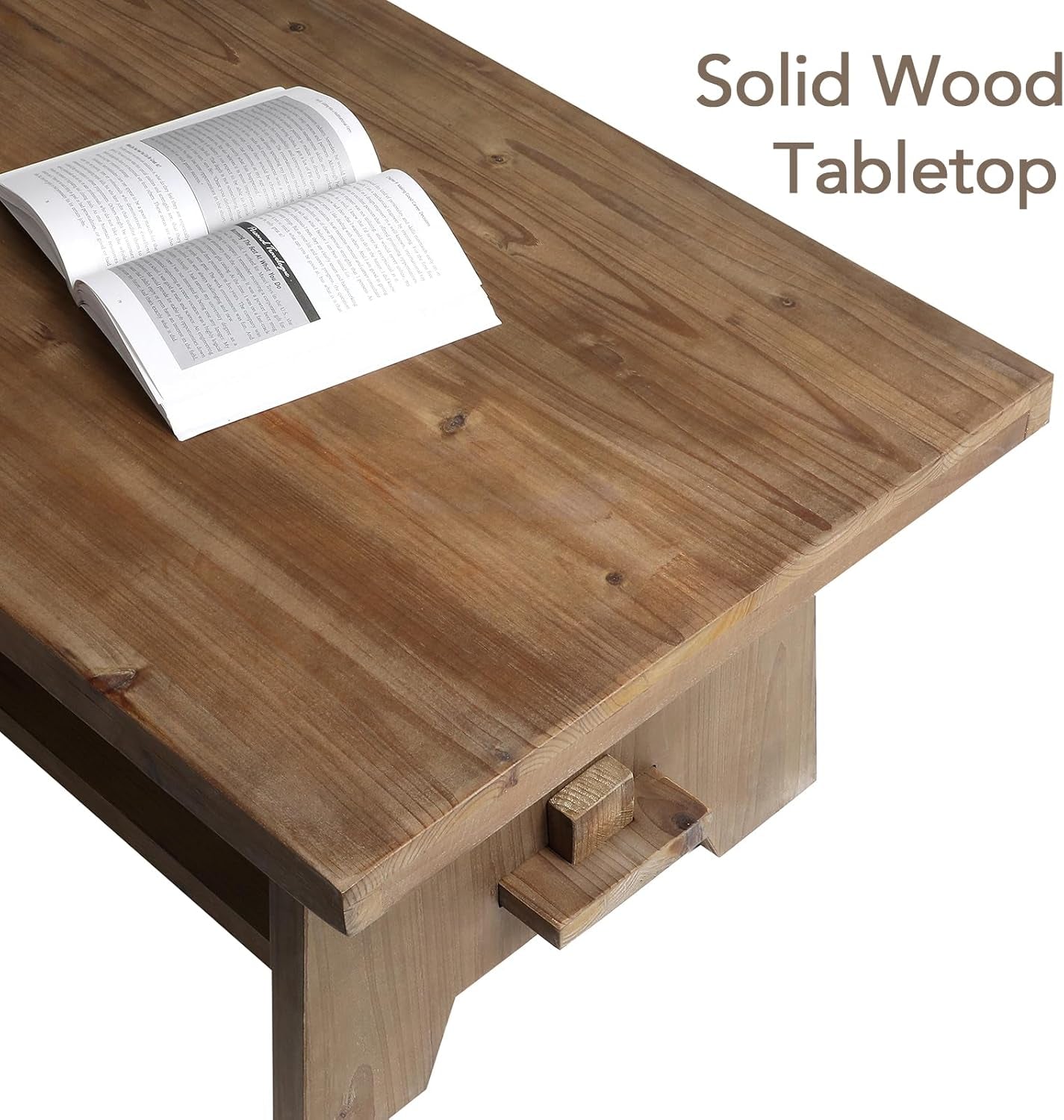 Farmhouse Wood Coffee Table - 43.4” Mid Century Modern Wooden Coffee Tables for Living Room, Solid Firwood Tabletop Rectangle Coffee Table, Center Table for Living Room, Brown