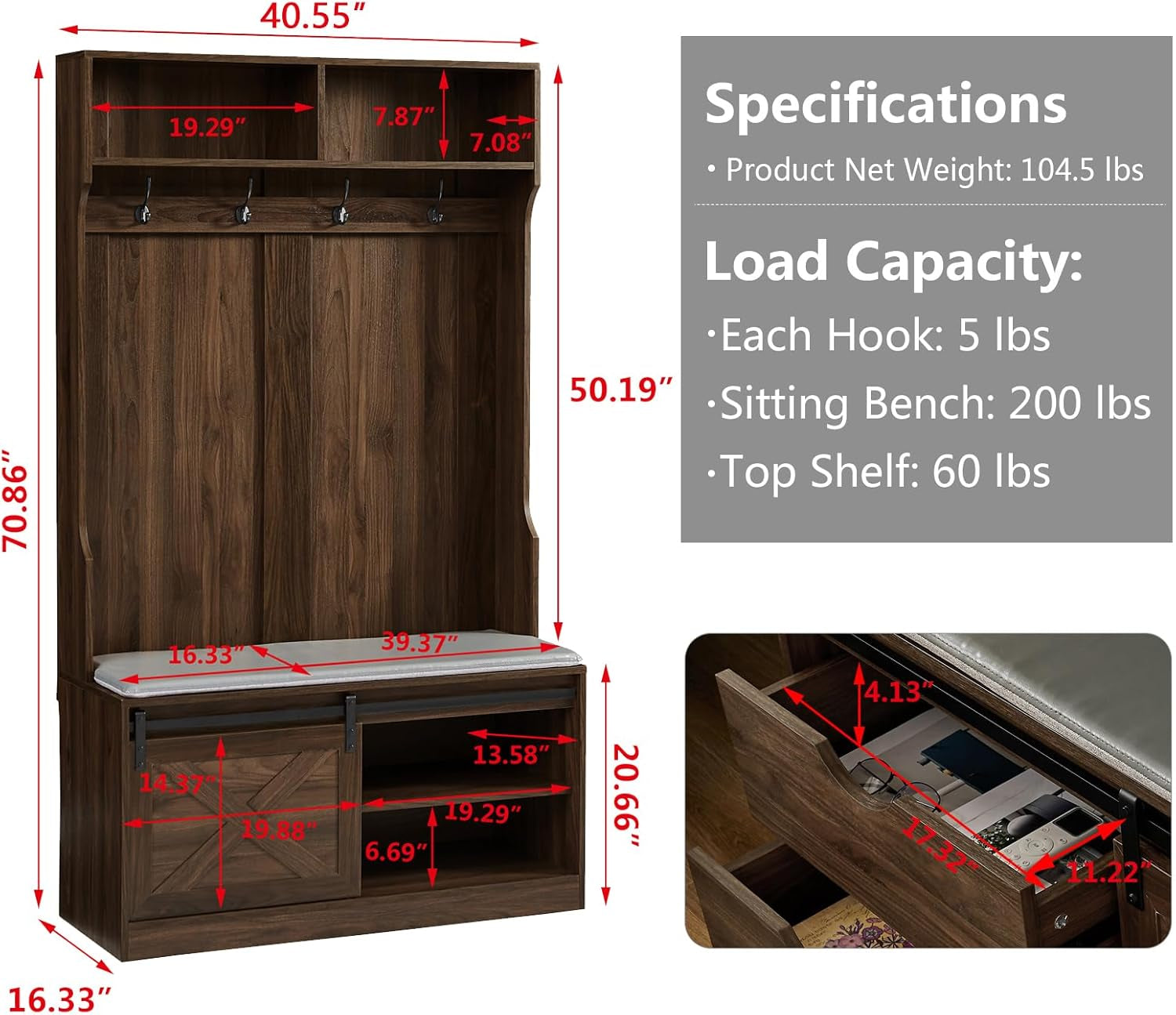 Hall Trees with Bench and Coat Racks, Farmhouse 71 Inch Entryway Bench with Sliding Barn Door, Wood Coat Tree Mudroom Storage Benches with Drawers (Walnut)