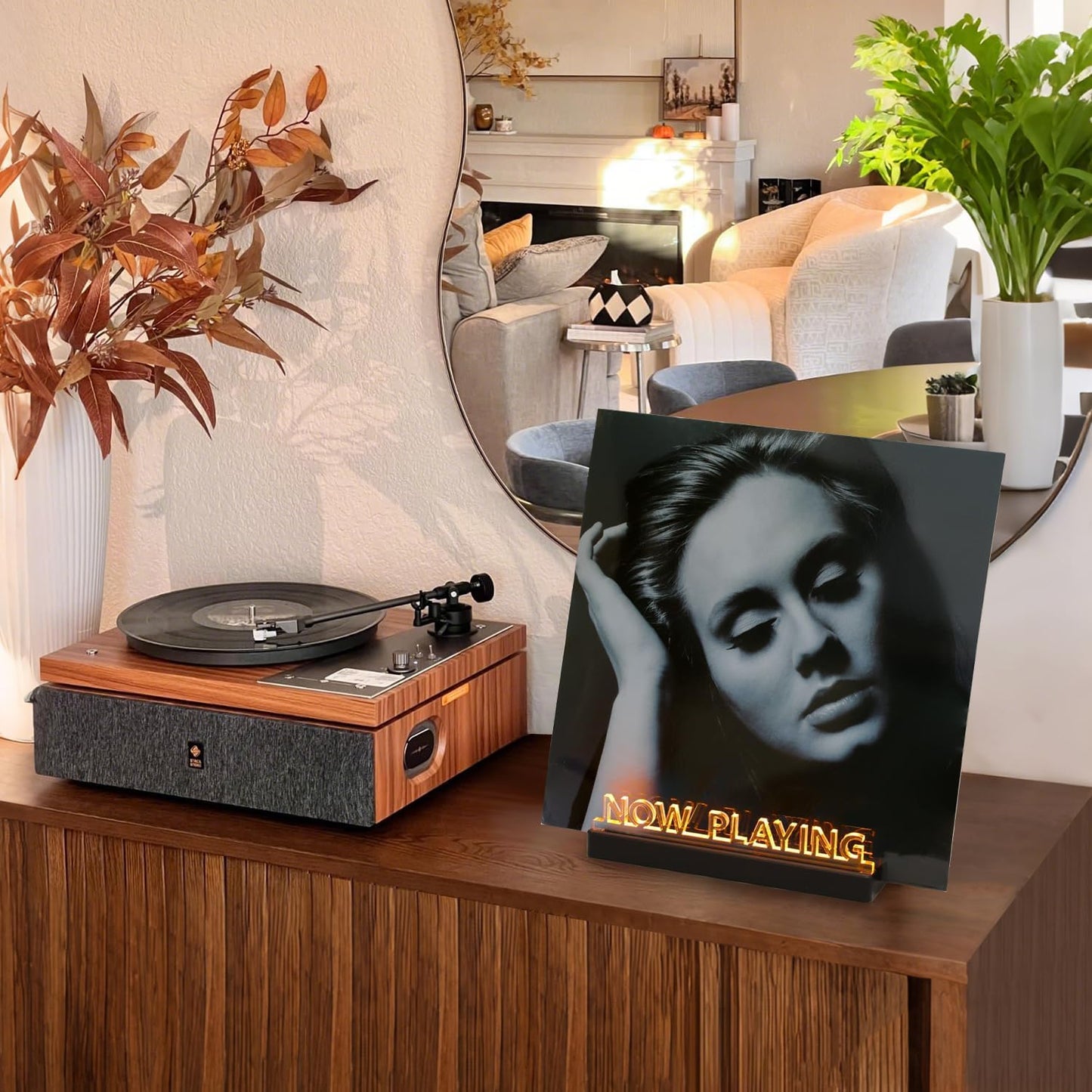 Now Playing Vinyl Record Stand, Light up Vinyl Record Display,Record Holder for Albums （Warm White Light）