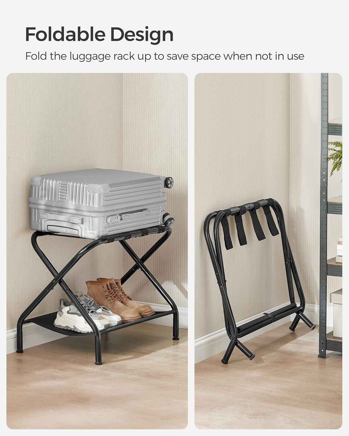 Luggage Racks, Set of 2, Suitcase Stand with Fabric Storage Shelf, for Guest Room, Bedroom, Hotel, Foldable Steel Frame, Holds up to 110 Lb, 27.2 X 15 X 20.5 Inches, Black URLR002B02