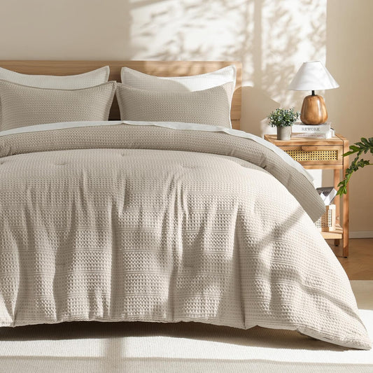 Soft Waffle Comforter Set King Size- Comfy Breathable Waffle Weave Comforter with 2 Pillow Shams, 3 Pieces Less Snagging Lightweight Textured Bedding Set for All Season, Natural/Linen