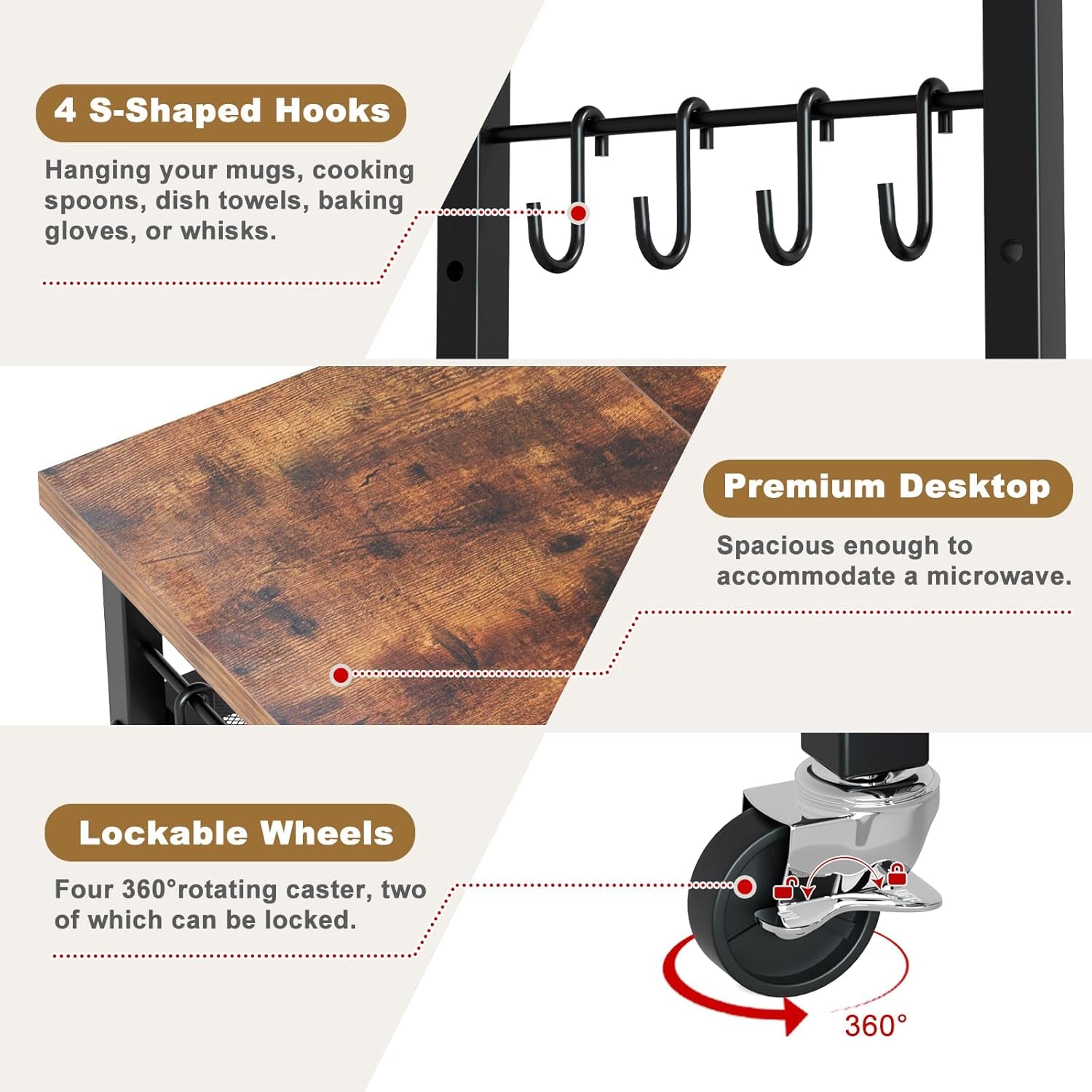 Rolling Kitchen Microwave Cart, 3 Tier Microwave Stand with Wheels, Bathroom Organizers and Storage Shelf, Coffee Bar Table Station, Utility Side Table for Kitchen, Living Room Office, Brown