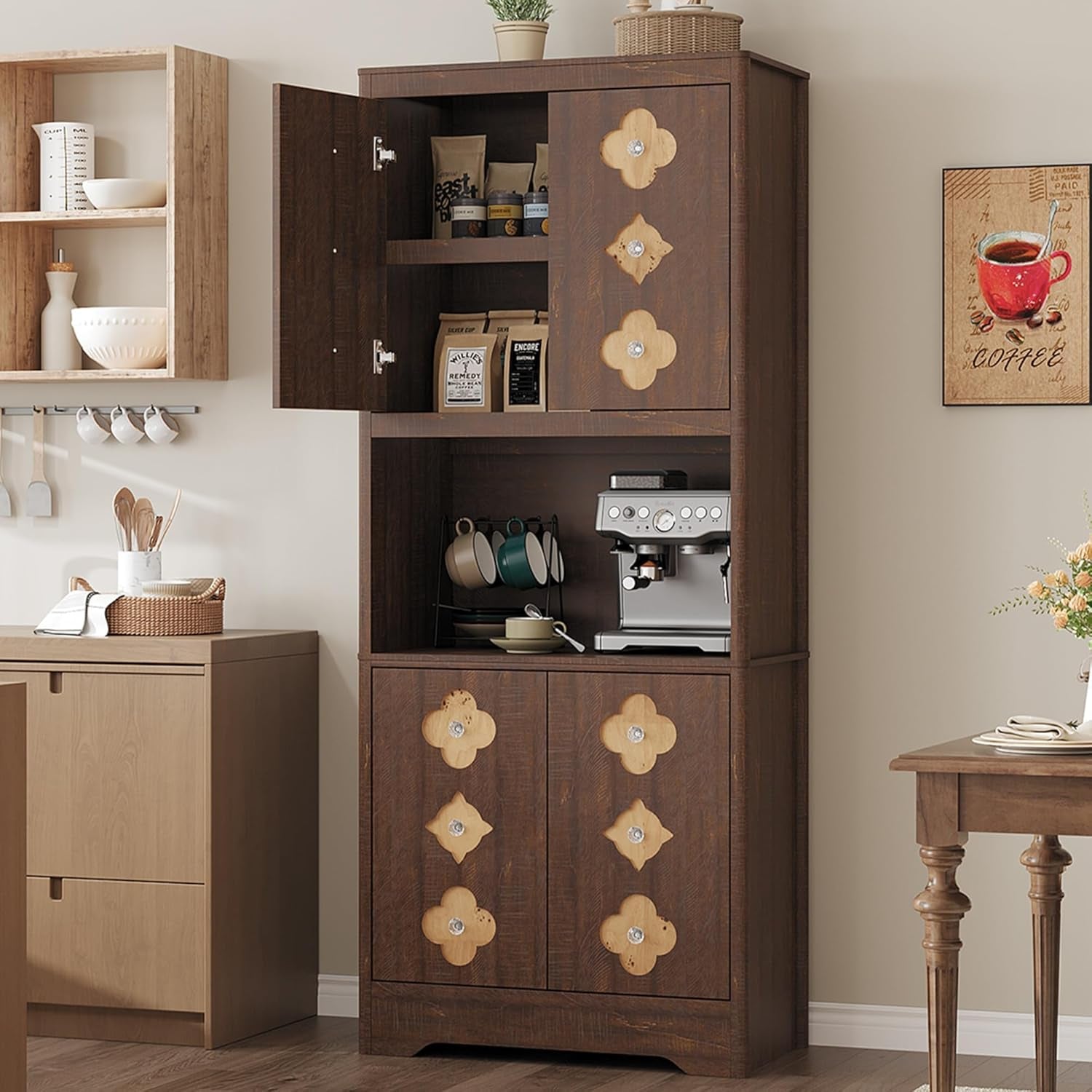 72" Tall Pantry Cabinet, Kitchen Hutch Storage Cabinet with Countertop for Microwave, Freestanding Wooden Cupboard with Carved Door & Crystal Handle, for Dining Room, Living Room, Reddish Brown