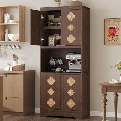 72" Tall Pantry Cabinet, Kitchen Hutch Storage Cabinet with Countertop for Microwave, Freestanding Wooden Cupboard with Carved Door & Crystal Handle, for Dining Room, Living Room, Reddish Brown