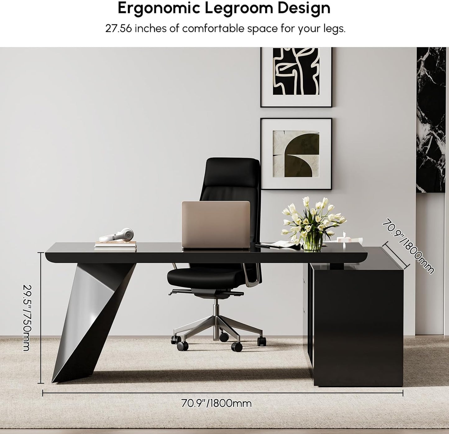 70.9" Modern L-Shape Executive Desk, Home Office Desk with Drawers & Cabinet Modern Computer Desk for Home Business Furniture, Black, Left Hand