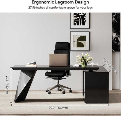 70.9" Modern L-Shape Executive Desk, Home Office Desk with Drawers & Cabinet Modern Computer Desk for Home Business Furniture, Black, Left Hand