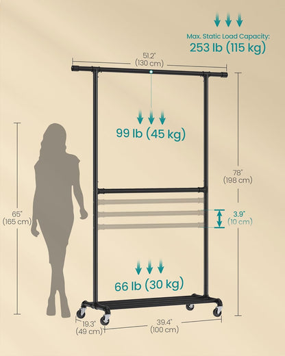 Heavy-Duty Clothes Rack, Double-Rod Clothing Rack for Hanging Clothes, Industrial Garment Rack on Wheels, Adjustable Metal Frame, 2 Casters with Brakes, Commercial Display, Black UHSR62BK
