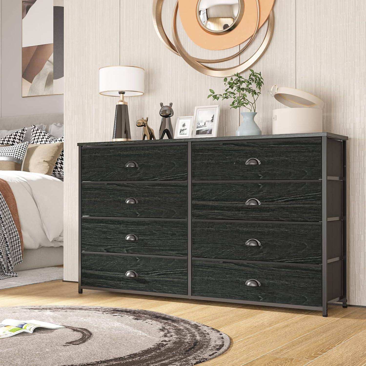 Wide Dresser with 8 Fabric Drawers, TV Entertainment Center with Storage for 55'' TV, Large Chest of Drawers for Bedroom, Living Room, Dorm, Closet, Entryway, Wood Top (Black Oak)