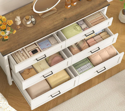 47.2" Dresser for Bedroom, White 6 Drawer Dresser with Metal Handles, Wood Dressers & Chests of Drawers for Closet, Farmhouse Dressers for Bedroom, Entryway, White