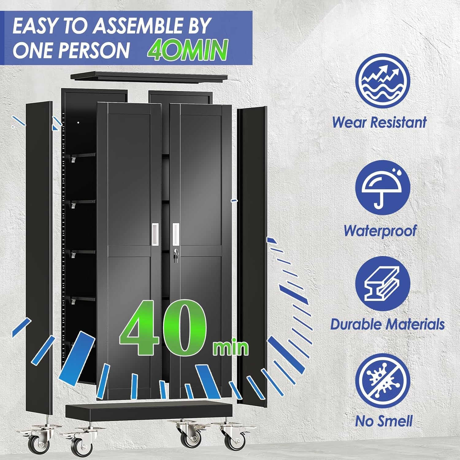 75" Tall Metal Garage Storage Cabinet with Wheels and Locking Doors and Tall Rolling Steel Tool Cabinet with 5 Adjustable Shelves for Garage,Home,Office,Shop (Black)