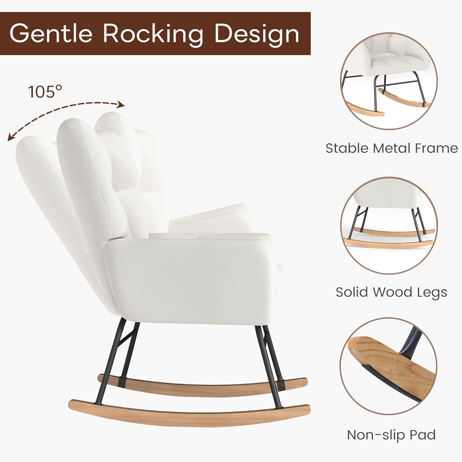 Nursery Rocking Chair, Rocking Chairs for Nursery, Baby Rocker Chair, Glider Rocker, Anti-Tip Safety Design, 440 Lb Weight Capacity, Cotton Fabric Cover, White