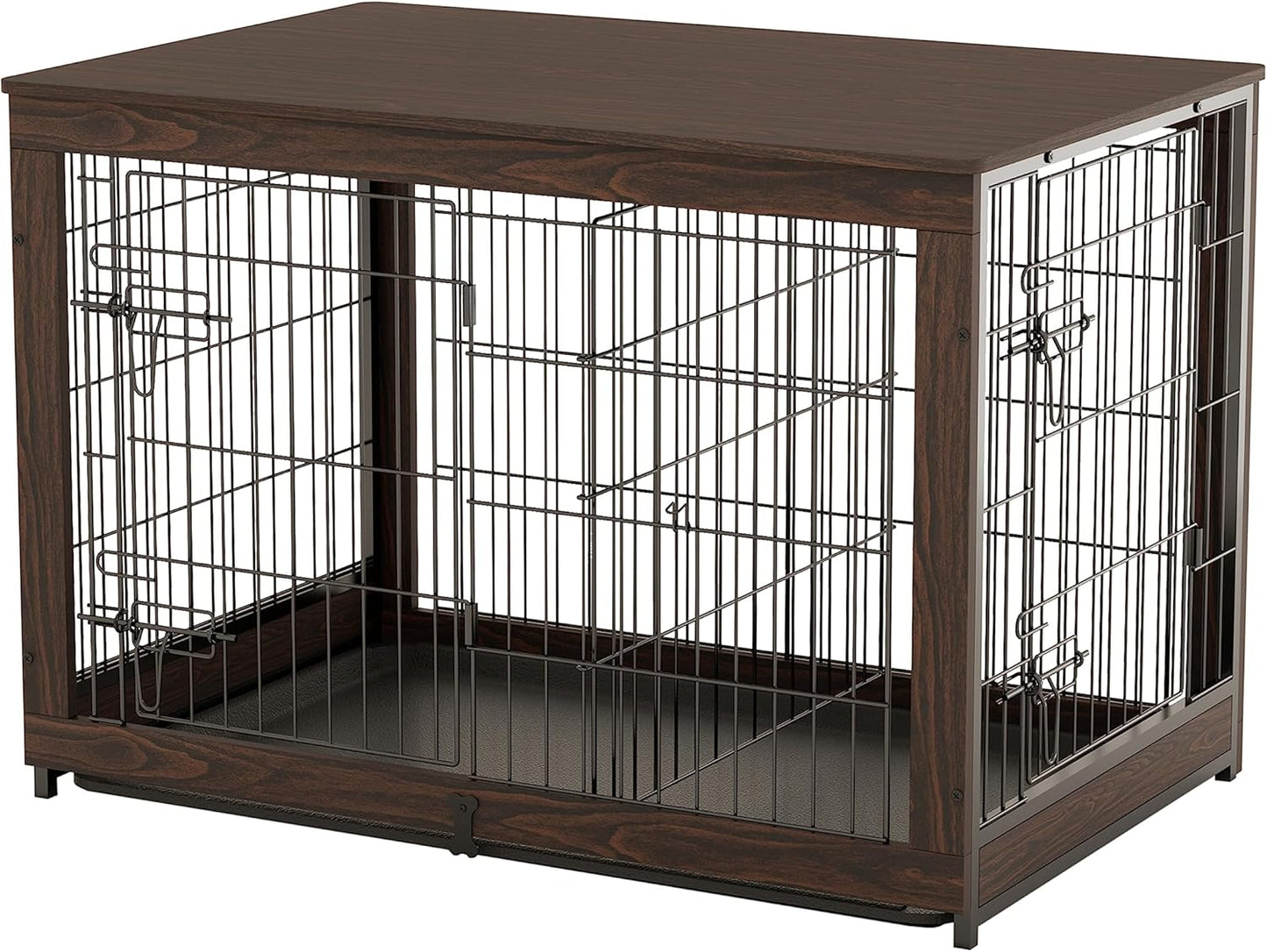 Wooden Dog Crate Furniture with Divider Panel, Dog Crate End Table with Fixable Slide Tray, Double Doors Dog Kennel Furniture Large Breed(L:37.8" L*25.1" W*26.3" H,Brown Walnut)