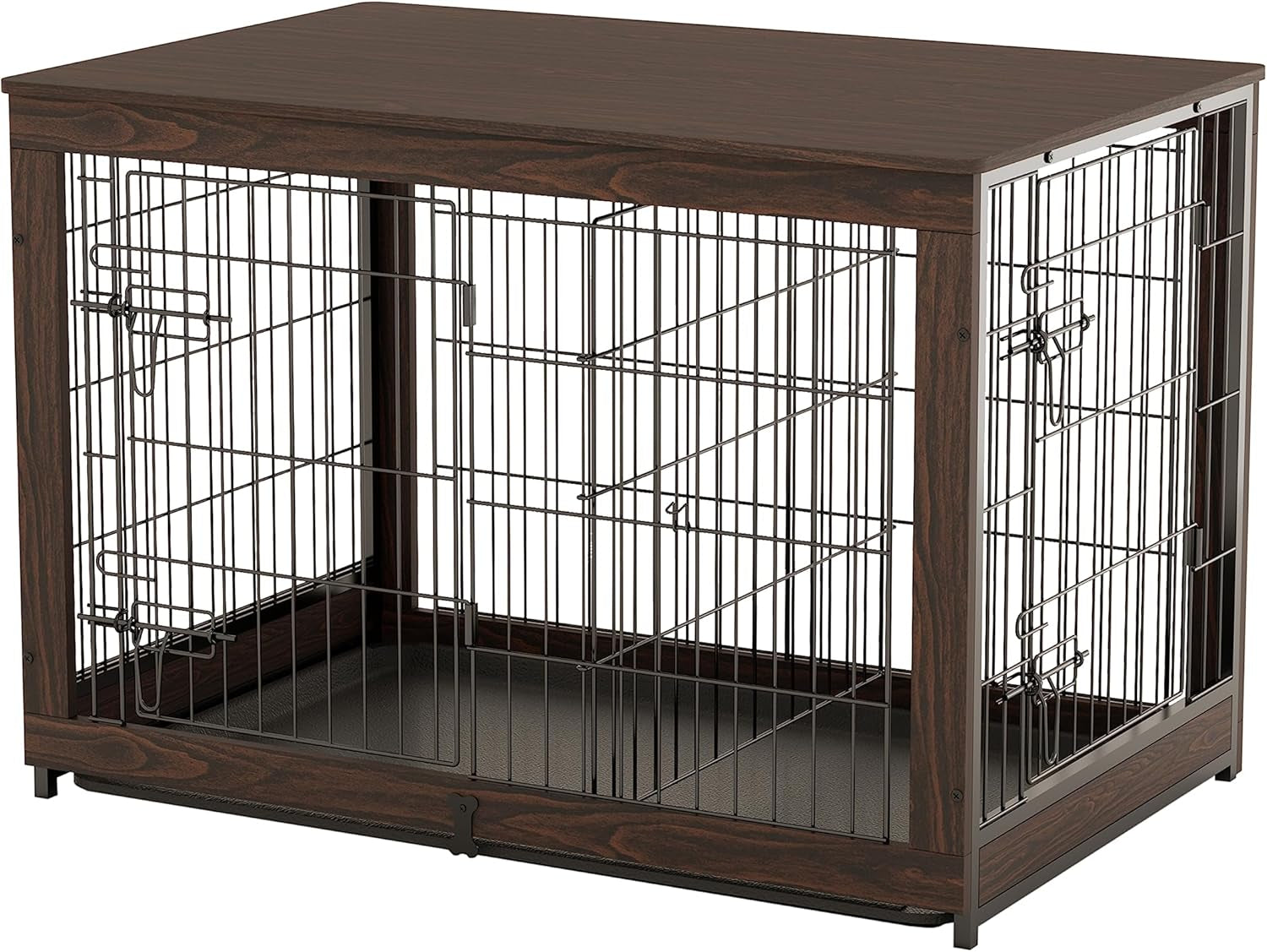 Wooden Dog Crate Furniture with Divider Panel, Dog Crate End Table with Fixable Slide Tray, Double Doors Dog Kennel Furniture Large Breed(L:37.8" L*25.1" W*26.3" H,Brown Walnut)