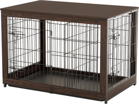 Wooden Dog Crate Furniture with Divider Panel, Dog Crate End Table with Fixable Slide Tray, Double Doors Dog Kennel Furniture Large Breed(L:37.8" L*25.1" W*26.3" H,Brown Walnut)