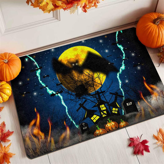 Halloween Door Mat Horror Nightly Doormat Non Slip Rubber Entry Front Porch Rugs Welcome Matt Outdoor for Thanksgiving Halloween Indoor Outdoors, 16" X 24" Inch