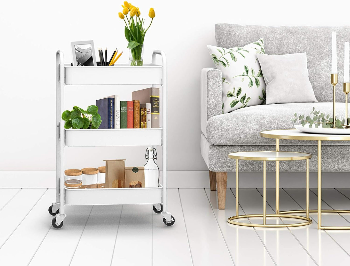 3-Tier Rolling Metal Storage Organizer - Mobile Utility Cart Kitchen Cart with Caster Wheels, White