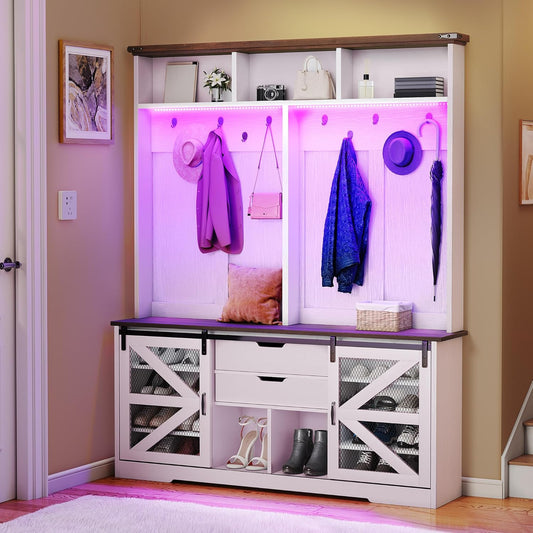 Hall Tree with Bench and Shoe Storage, Hallway Tree with Adjustable RGB LED Light, Sliding Barn Doors and 10 Hooks, Coat Rack for Front Door Entrance Entryway Mudroom Bedroom, White & Walnut