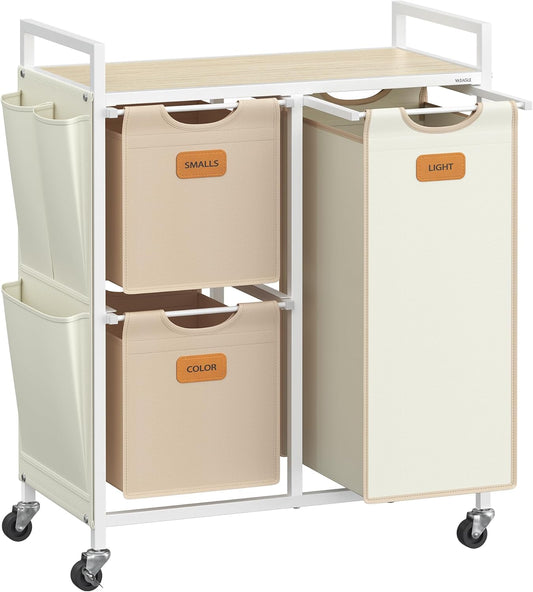 Laundry Hamper with 3 Compartments, 26.4 Gal. (100 L) Laundry Sorter, Rolling Laundry Cart with Shelves, Small Side Pockets, 6 Labels, Natural Beige, Camel Brown and Cream White UBLH202N01
