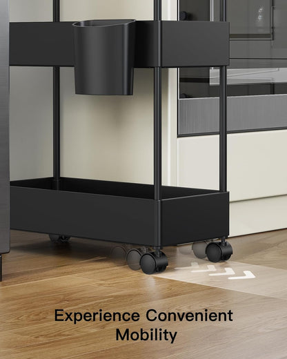 Slim Storage Cart with Wheels - 3 Tier Bathroom Organizers and Storage Cart - Rolling Carts for Bathroom, Kitchen, Narrow Space, Laundry Room,Black