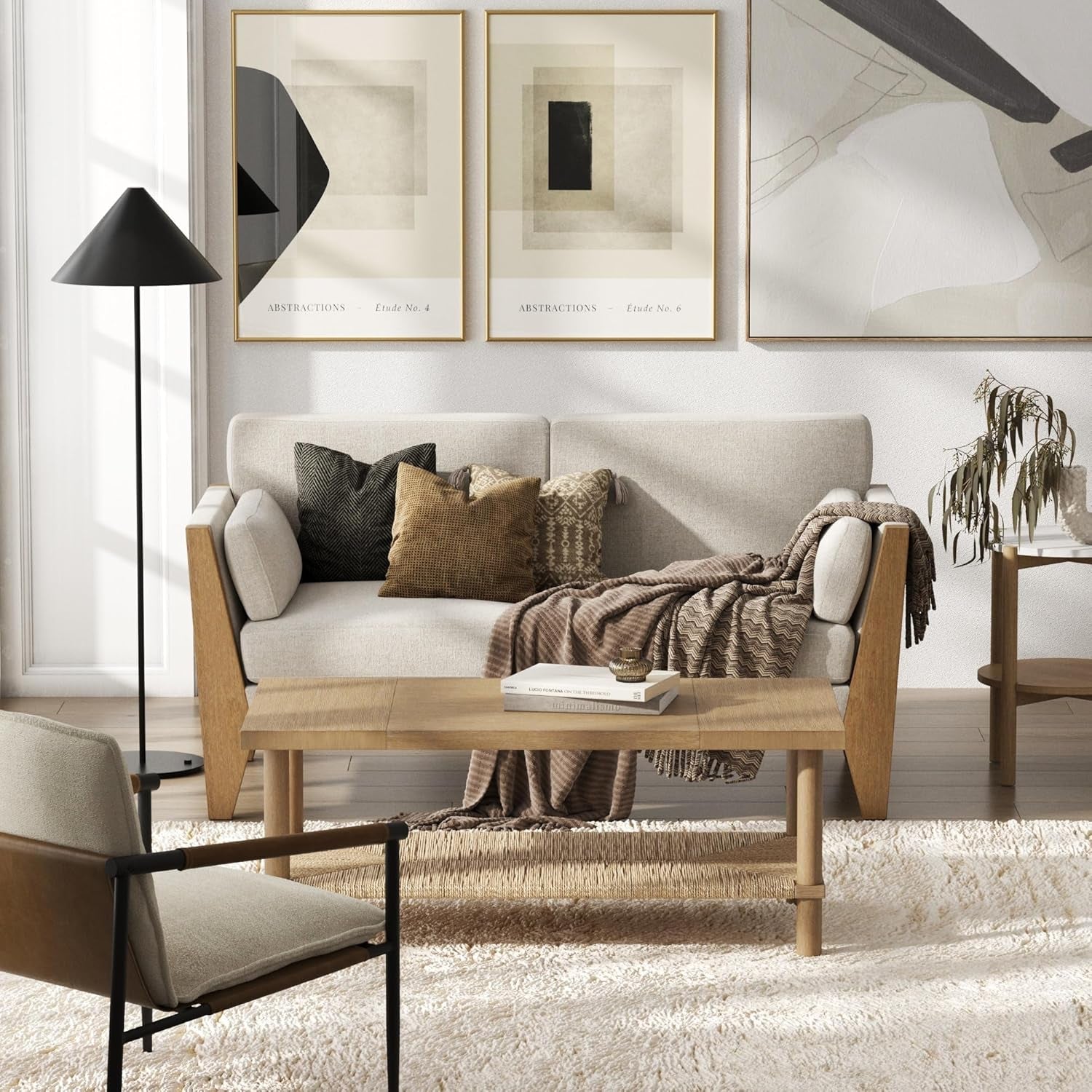 Zion 2-Seater Modern Farmhouse Sofa with Linen Upholstery and Solid Wood Arms, Sand/Light Brown Wood