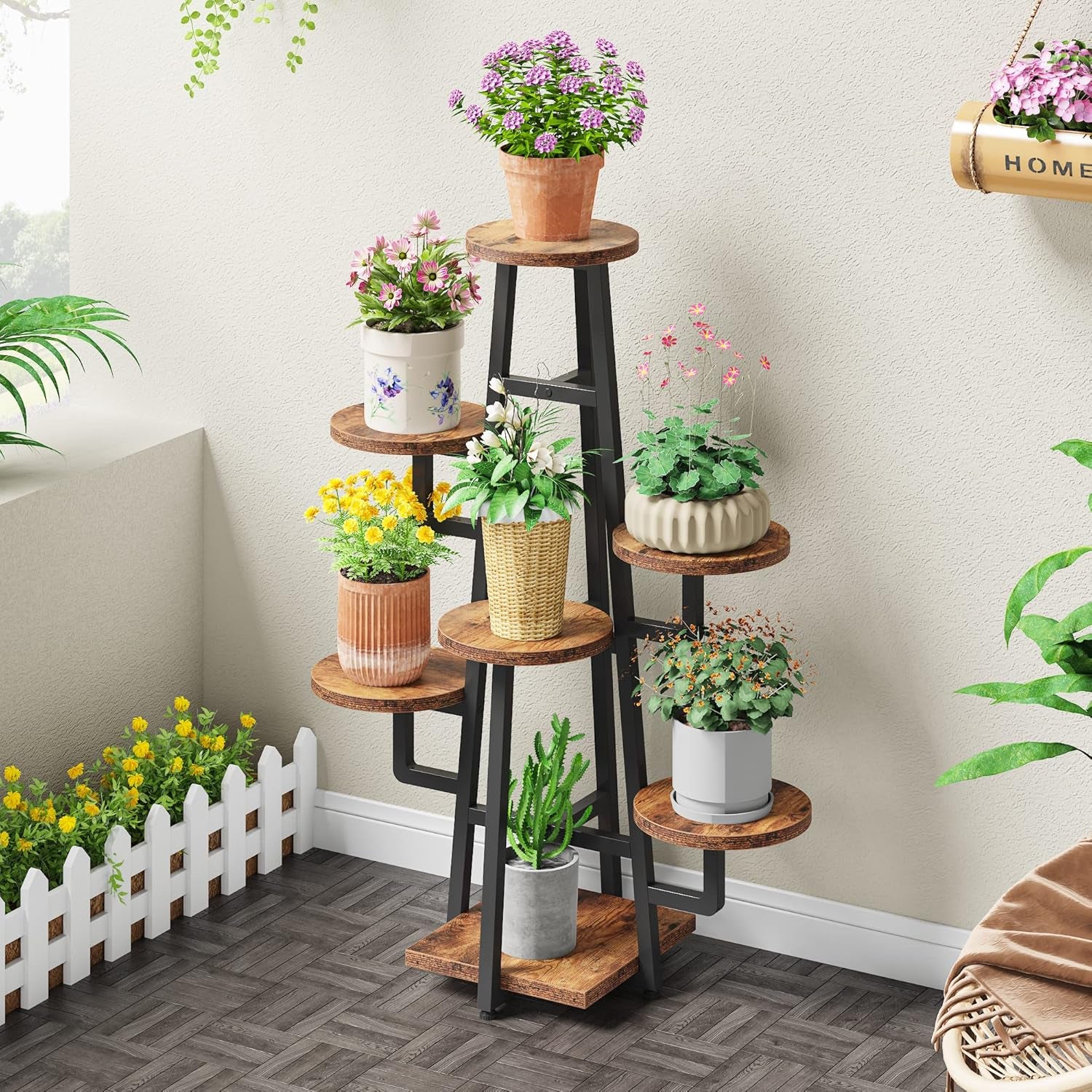7 Tier Plant Stand Indoor for Multiple Plants, Wooden Corner Plant Pots Holder Rack Flower Stand Tall Shelf Planter Organizer for Living Room Balcony Garden, Rustic Brown