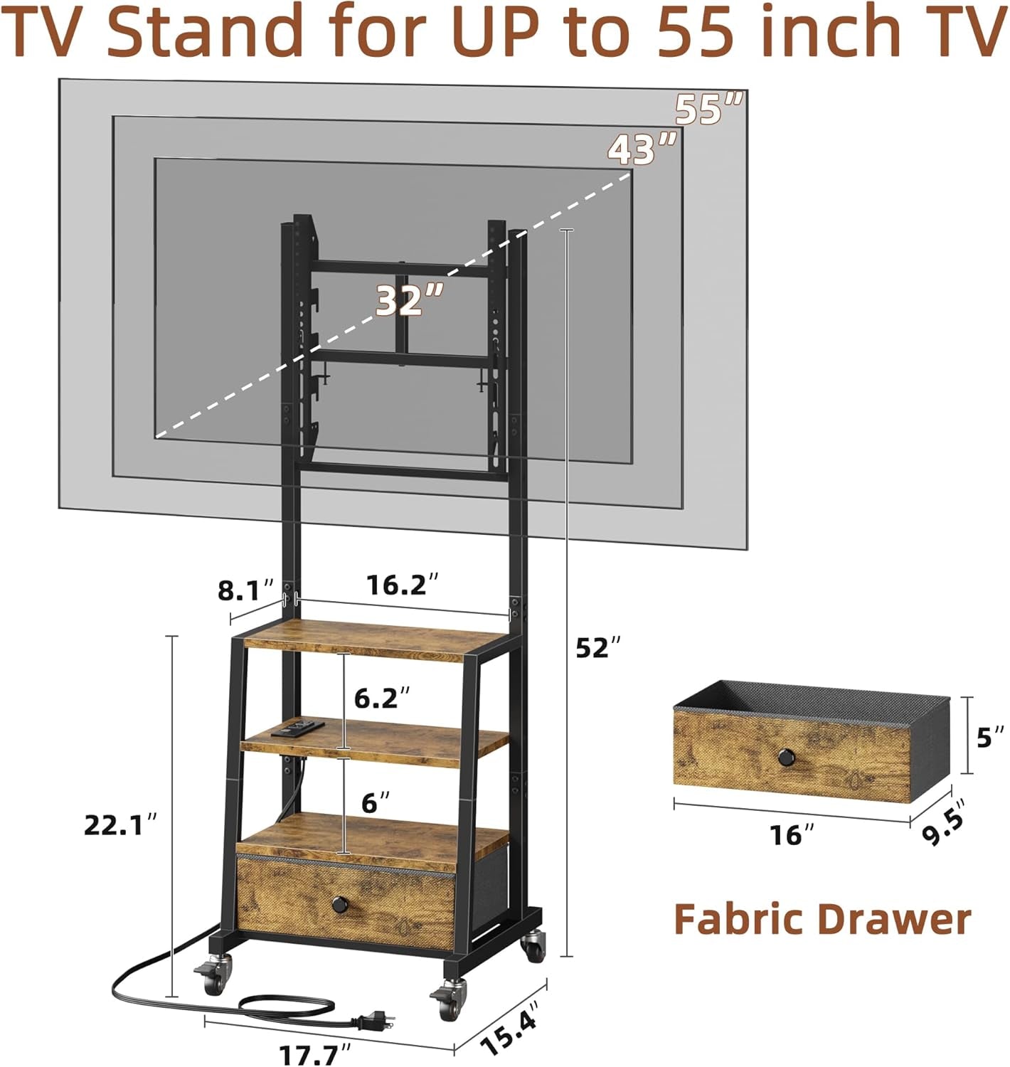 Rolling TV Stand with Wheels and Mount & Fabric Drawer - Entertainment Center with Power Outlet and Small TV Stand for Bedroom, Living Room - 15" Rustic Brown