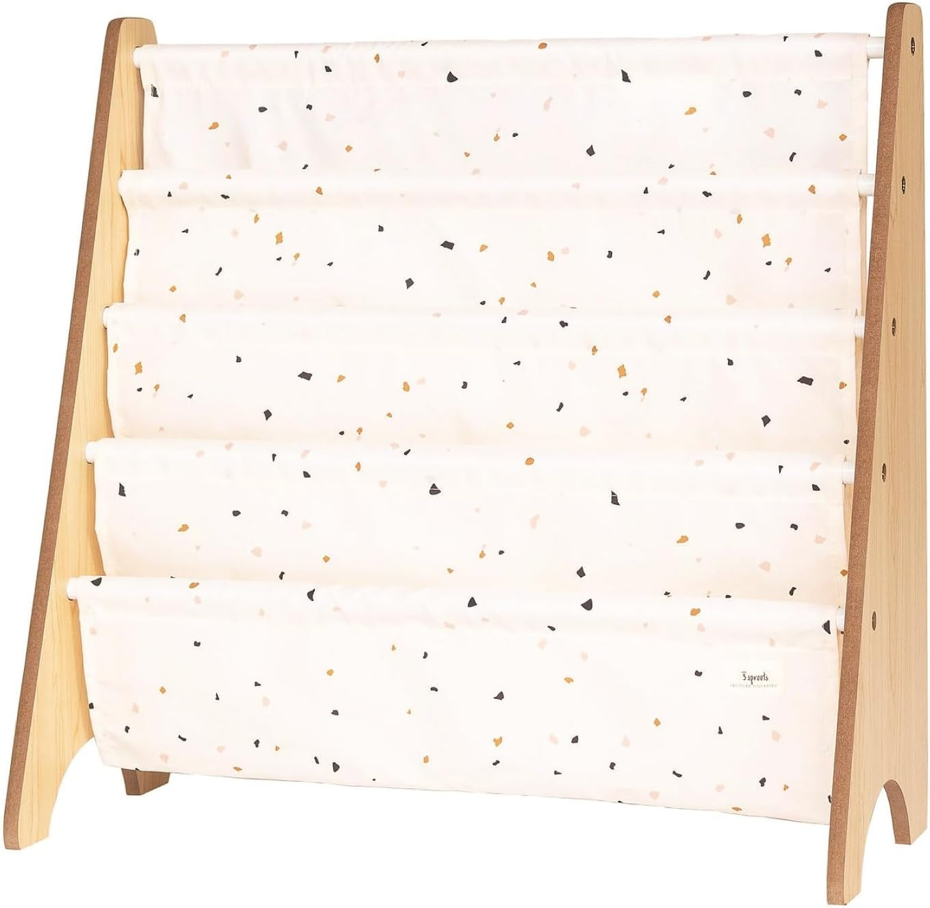 Recycled Fabric Kids Bookshelf – 4-Tier Sling Book Rack Organizer - Nursery Room Playroom Classroom Wooden Book Shelves - Kid Bookcase Wood Storage Shelf for Toddler Age 3+ - Terrazzo Cream