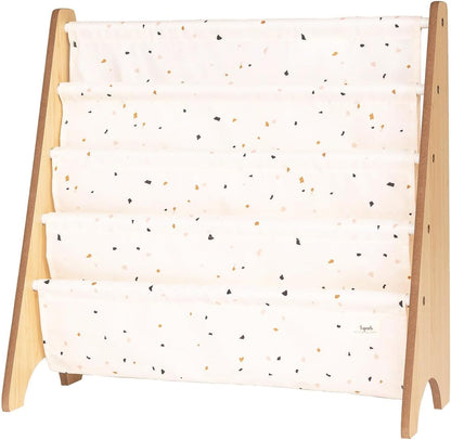 Recycled Fabric Kids Bookshelf – 4-Tier Sling Book Rack Organizer - Nursery Room Playroom Classroom Wooden Book Shelves - Kid Bookcase Wood Storage Shelf for Toddler Age 3+ - Terrazzo Cream