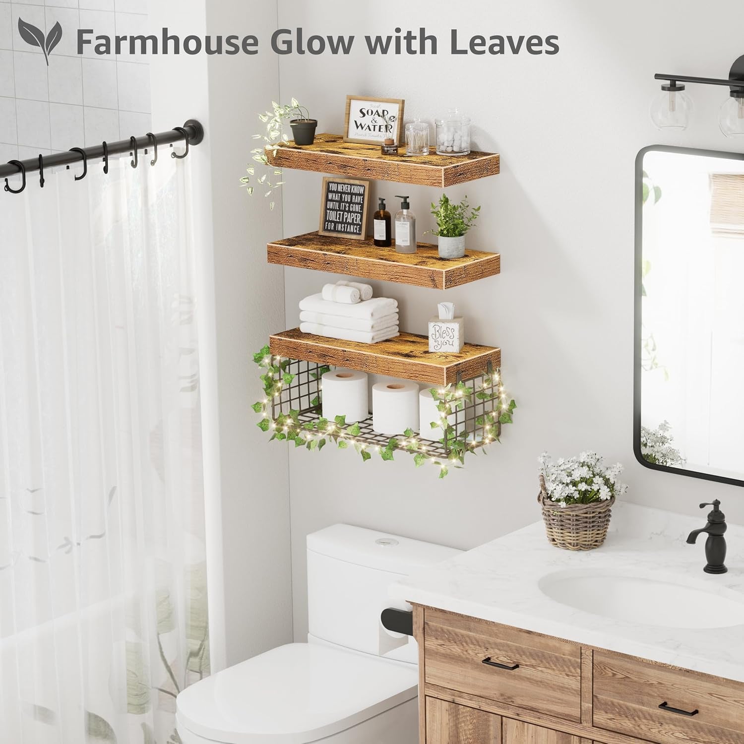 Bathroom Floating Shelves for Wall - Shelf over Toilet Paper Storage with Led Lights and Leaves Farmhouse Decor Small 16 Inch Set of 3, Brown (L019BN3)