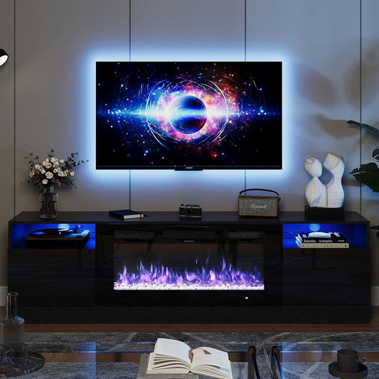 Fireplace TV Stand with 36" Electric Fireplace, LED Light Entertainment Center, Modern Wood Texture Entertainment Stand with Highlight Storage Cabinet for Tvs up to 80", 70 Inches, Black