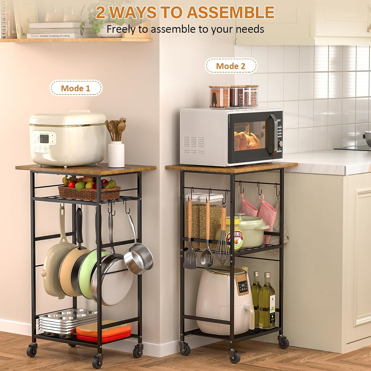 Rolling Kitchen Microwave Cart, 3 Tier Microwave Table Stand with Adjustable Shelf, Kitchen Storage Rack on Wheels, Coffee Station Cart Rack Shelf Organizer for Living Room Office, Balcony