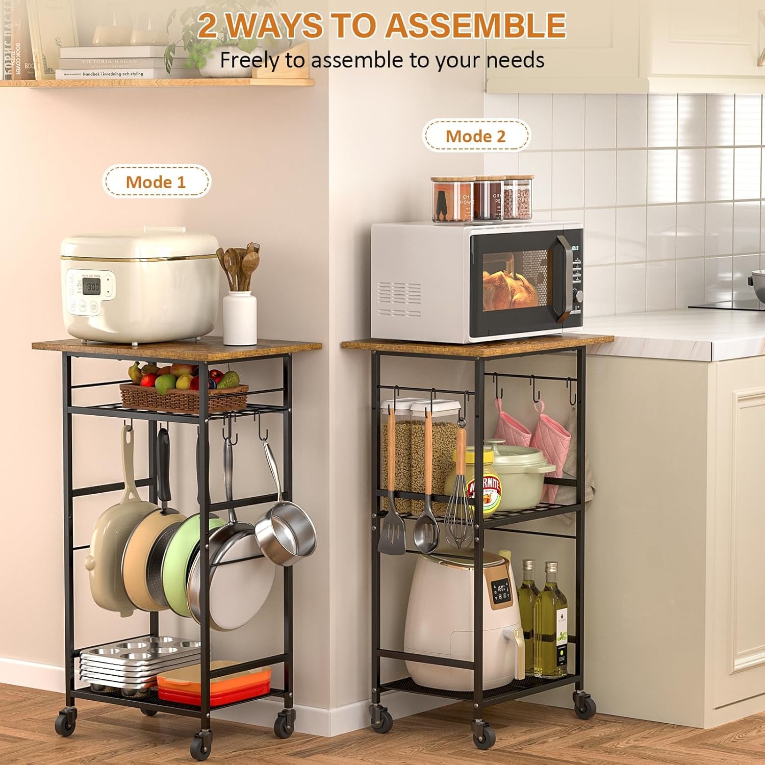 Rolling Kitchen Microwave Cart, 3 Tier Microwave Table Stand with Adjustable Shelf, Kitchen Storage Rack on Wheels, Coffee Station Cart Rack Shelf Organizer for Living Room Office, Balcony