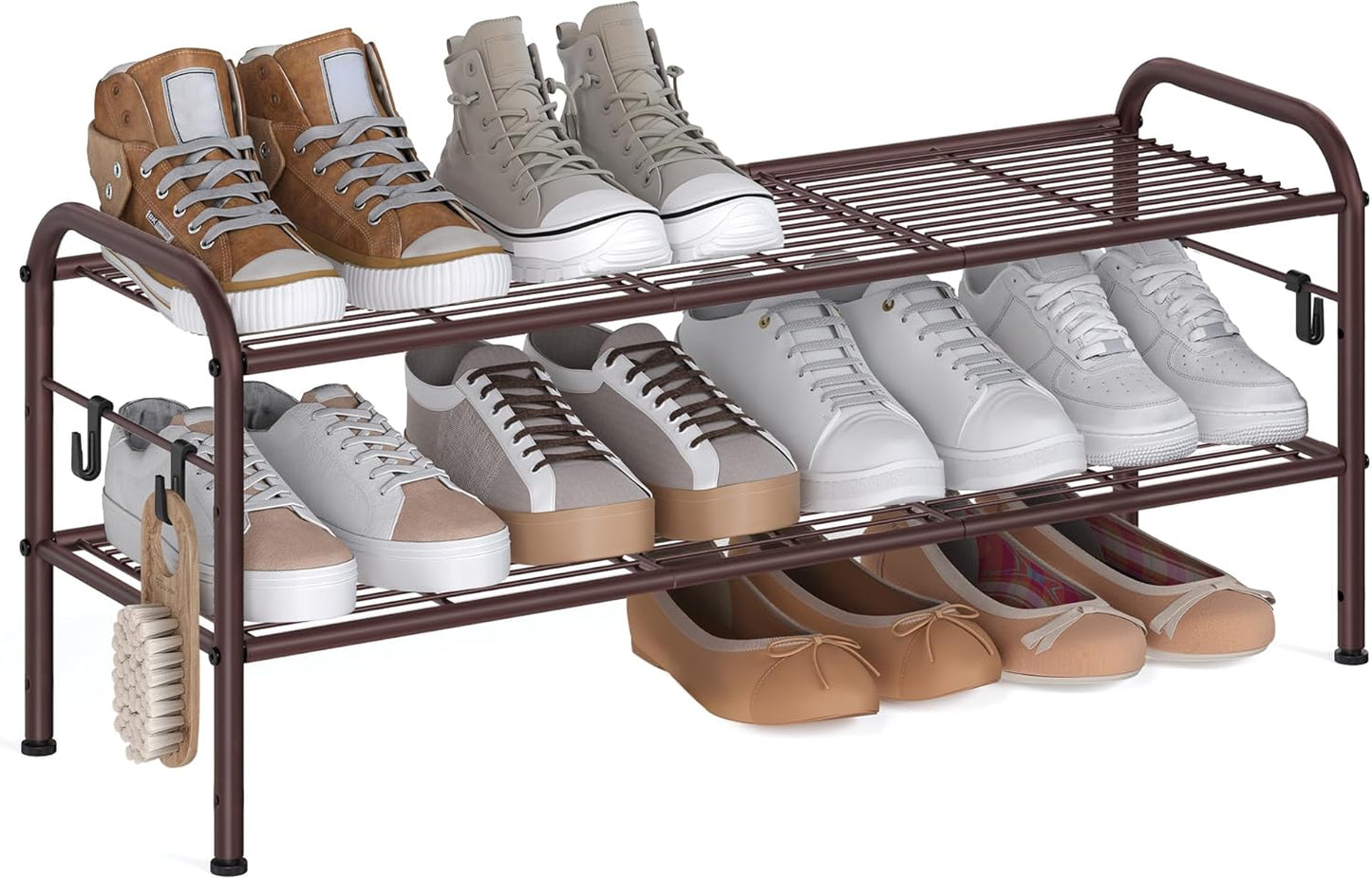 Shoe Rack, 2-Tier Shoe Organizer, Metal Shoe Shelf Storage with 4 Side Hooks, Holds 12 Pairs of Shoes, Height-Adjustable Shoe Rack for Entryway, Hallway, Closet, Easy Assembly, Ink Black