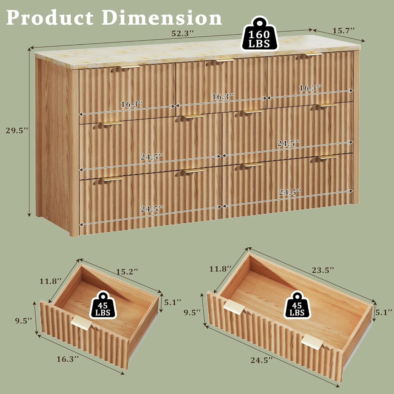Fluted Dresser for Bedroom with 7 Drawers, 53" Wide Mid Century Modern Dressers with Faux Marble Top & Metal Handle, Wooden Chest of Drawers TV Stand, Natural Oak