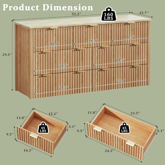 Fluted Dresser for Bedroom with 7 Drawers, 53" Wide Mid Century Modern Dressers with Faux Marble Top & Metal Handle, Wooden Chest of Drawers TV Stand, Natural Oak