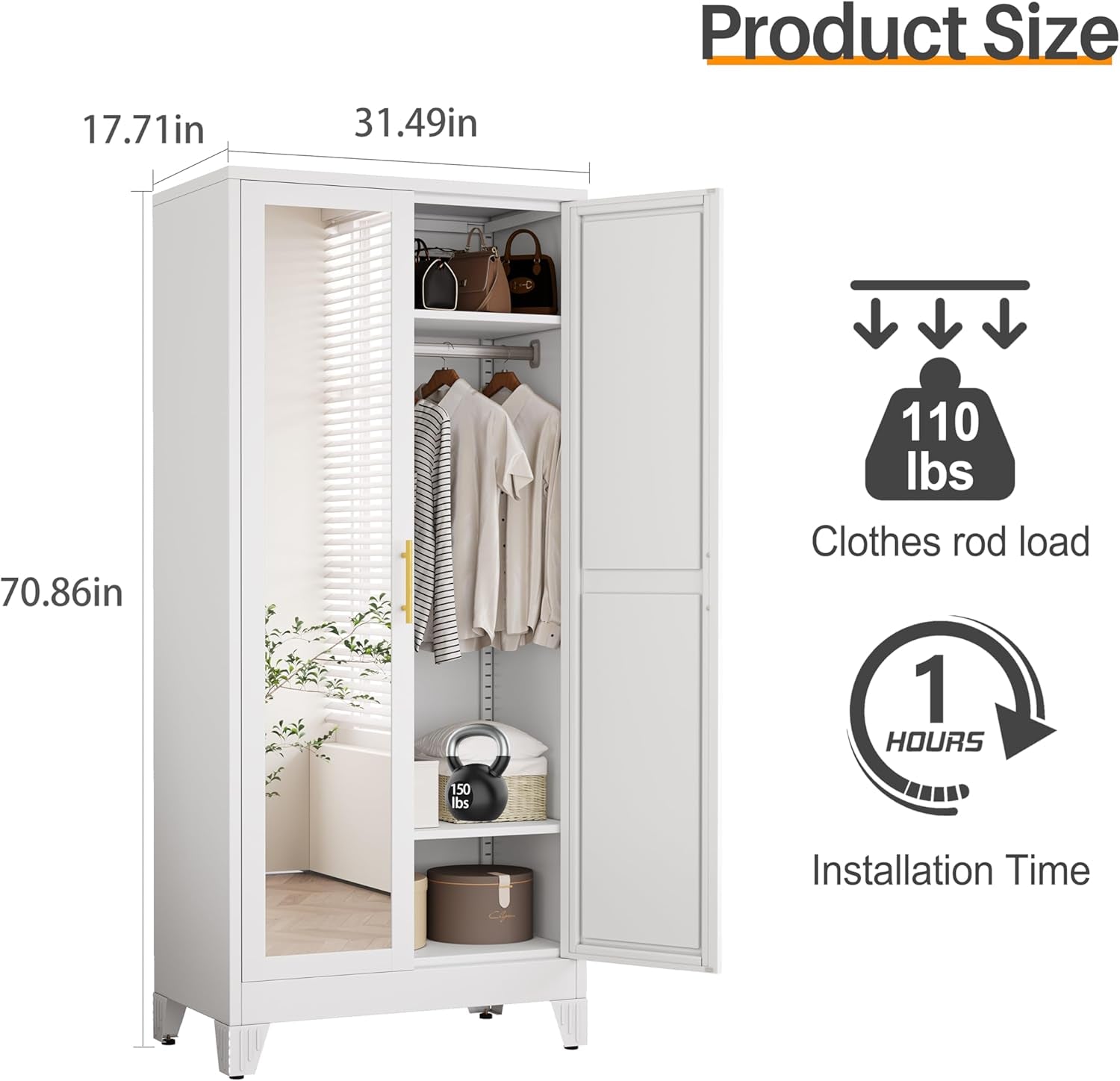 RIETERN Metal Armoire Wardrobe Closet, 71" Tall Bedroom Closet with Mirror, Adjustable Shelves, and Hanging Rod, Steel Clothes Closets and Storage, for Bedroom White