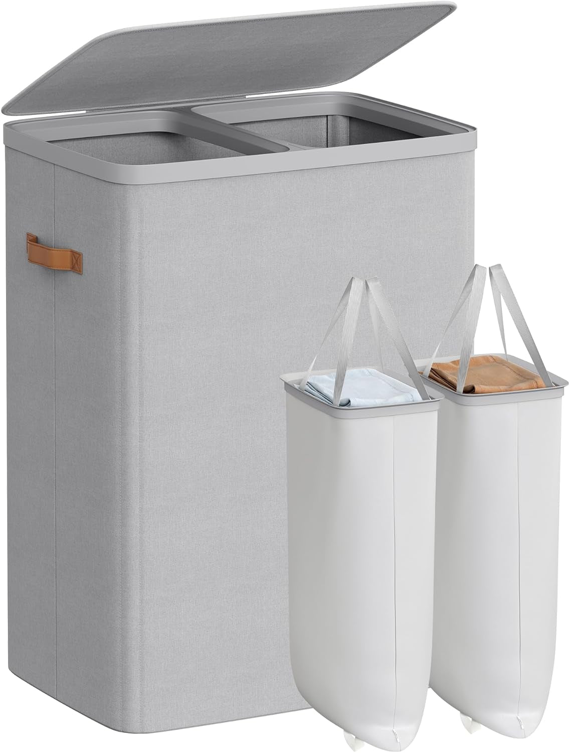 Laundry Basket, 44.9 Gal. Laundry Hamper, 2 Compartments, Easy Assembly, with Lid and Handles, Removable Liners, 22 X 15.7 X 29.5 Inches, Cappuccino Beige ULCB813L01