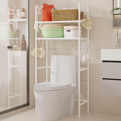 2-Tier over the Toilet Storage,Freestanding Metal Bathroom Shelves with 4 Hooks,Adjustable Shelf and Basket,Freestanding Space Saver Bathroom Shelves above Toilet for Room Black，Black
