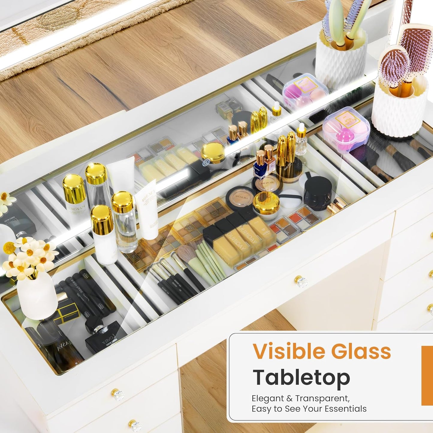 11 Drawers Glass Top Vanity Desk with Chair, Crystal Handles Makeup Vanity with Mirror and Lights, Dressing Table with Power Outlet, Adjustable Lighting Modes, White