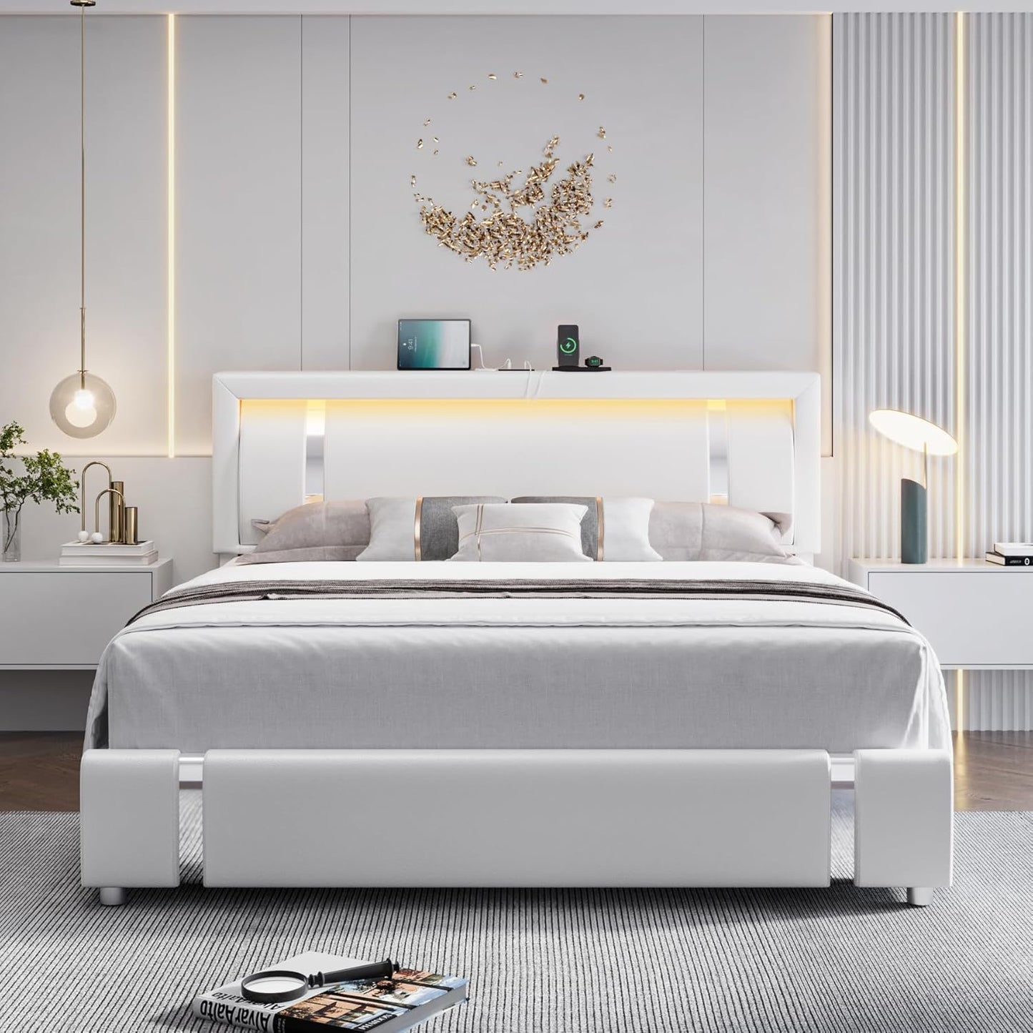 Full Size Bed Frame with RGB LED Lights Headboard & 2 Storage Drawers, Modern Upholstered Faux Leather Smart Platform Bed with Iron Metal Decor, USB & USB-C Charging Ports, No Box Spring Needed, White
