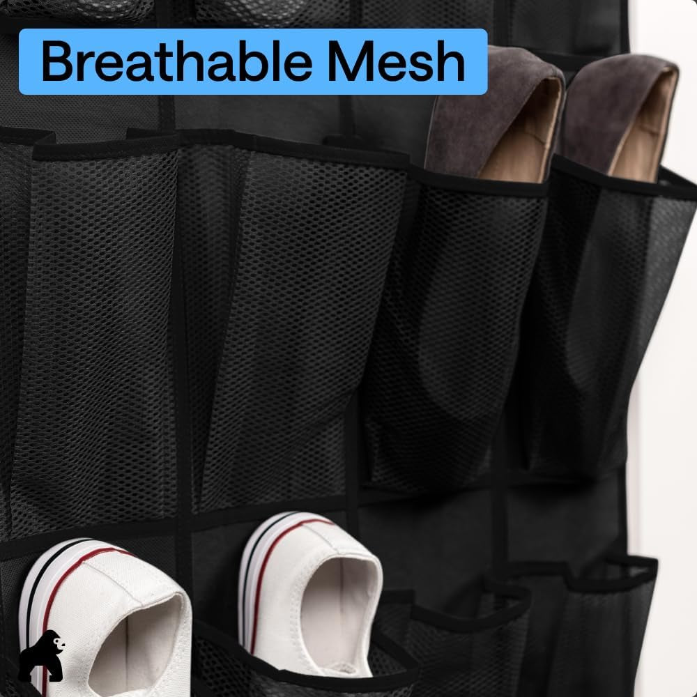over the Door Shoe Organizer, 24 Large Breathable Mesh Pockets, Space Saving Hanging Storage Holder, Closet Rack Hanger Holds up to 40 Lbs, Hangs on Closets for Shoes, Accessories, Black