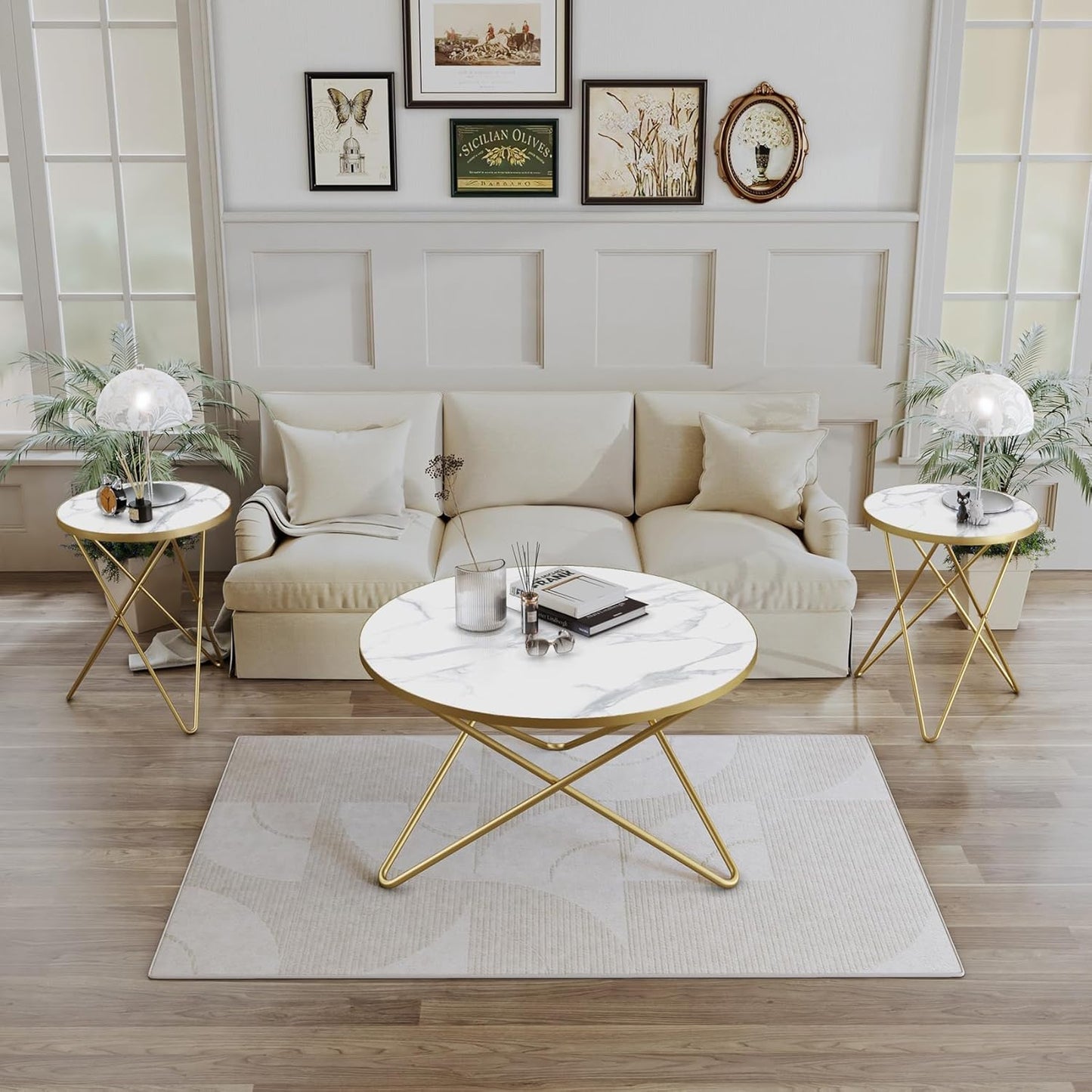 Modern round Coffee Table and Side Table Set of 3,End Table with Faux Marble Top and Gold Metal Frame, Side Table for Living Room, Bedroom, Sofa and Couch, Gold Legs, White Marble Top
