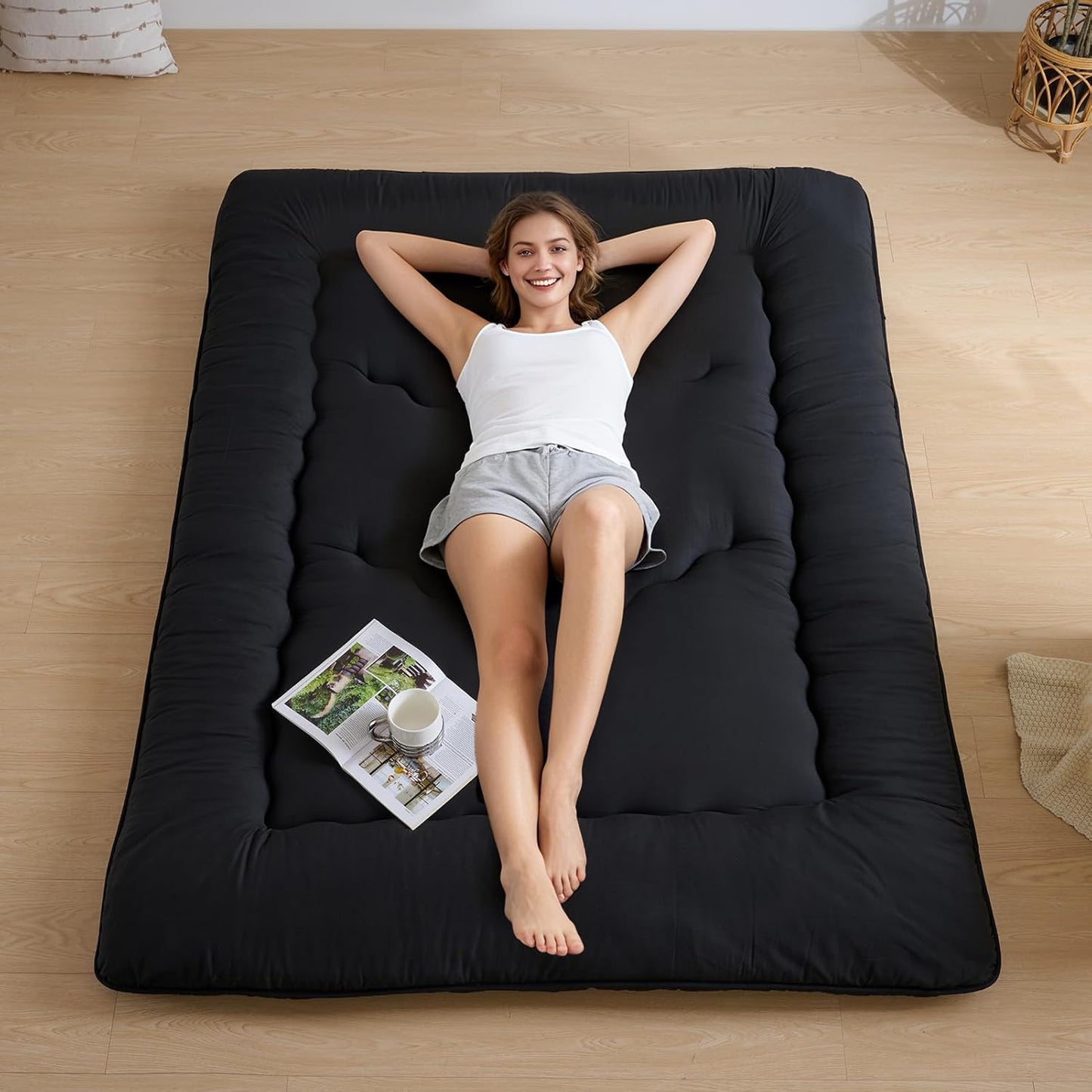 Japanese Floor Mattress, 3.5" Thicken Futon Mattress Tatami Mat, High Density Foam Support for Adult Kids Sleep, Portable Futon Sofa Bed for Camping, Pet Mat, Twin 80"X 39"（Black）