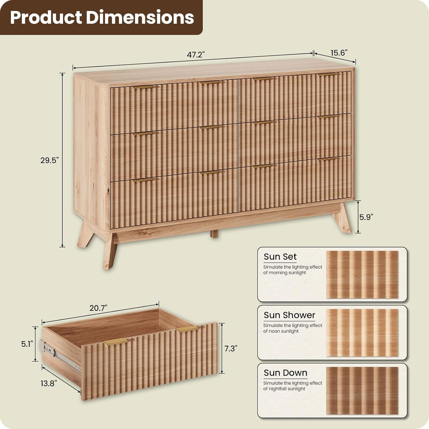 47'' Wide 6 Drawers Dresser for Bedroom,Modern Fluted Vertical Chest with Rounded Corners,Fluted Dresser for Living Room,Hallway, Natural Wood
