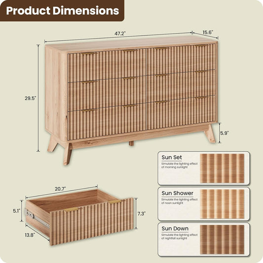 47'' Wide 6 Drawers Dresser for Bedroom,Modern Fluted Vertical Chest with Rounded Corners,Fluted Dresser for Living Room,Hallway, Natural Wood